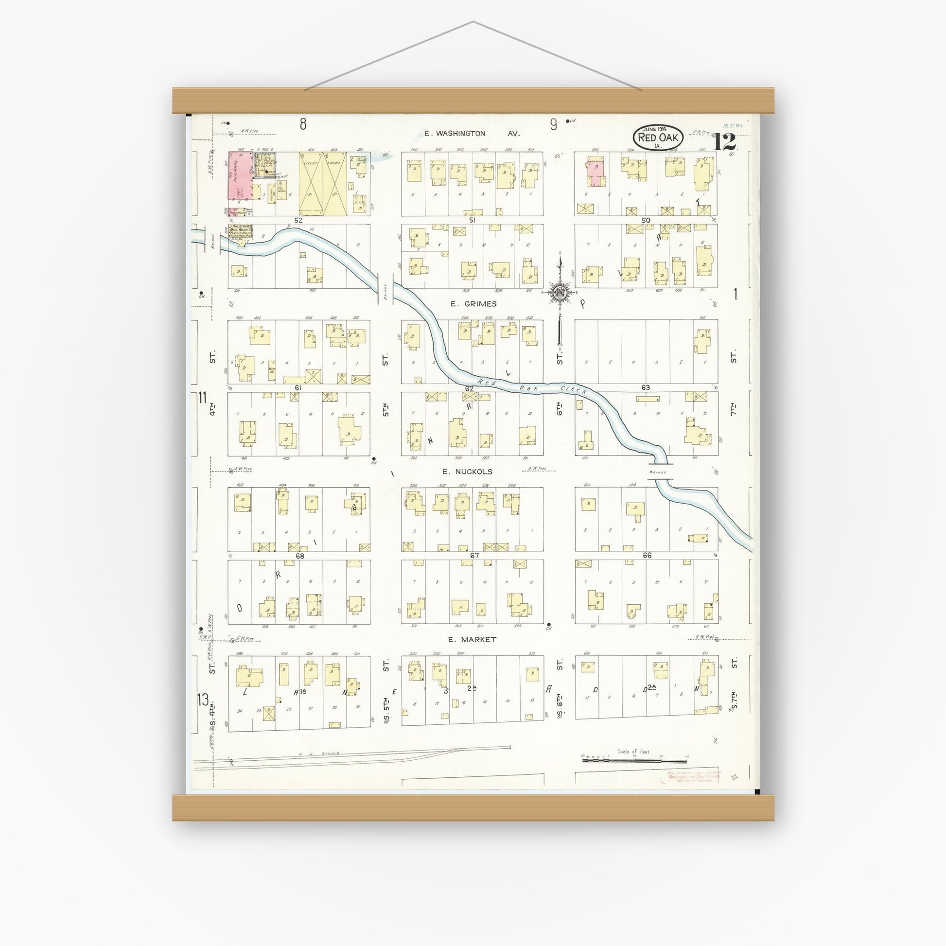 Old map wall art mockup — magnetic wood frame on white wall — Sanborn Fire Insurance Map from Red Oak, Montgomery County, Iowa (1914), Sheet #0012