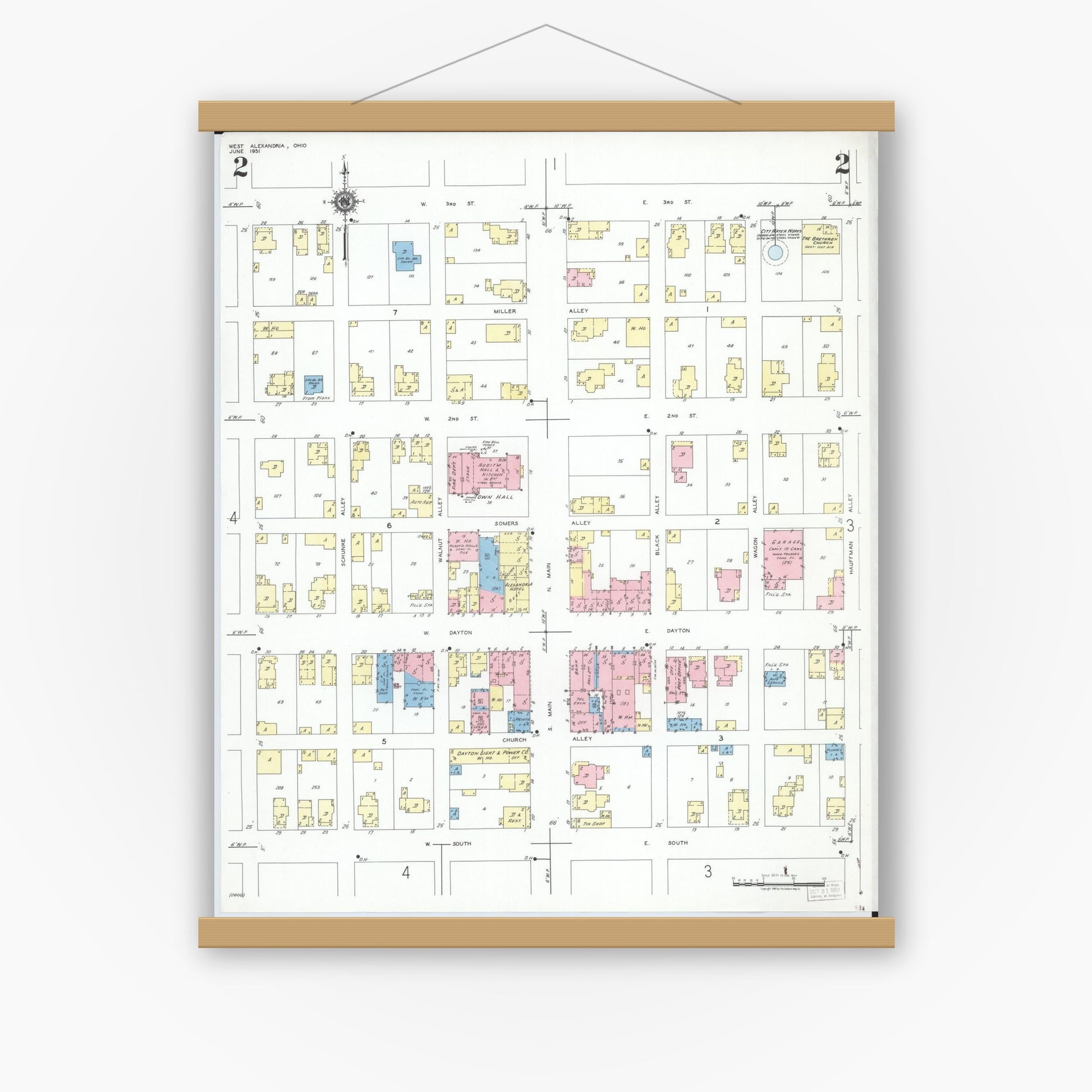 Old map wall art mockup — magnetic wood frame on white wall — Sanborn Fire Insurance Map from West Alexandria, Preble County, Ohio (1951), Sheet #0002