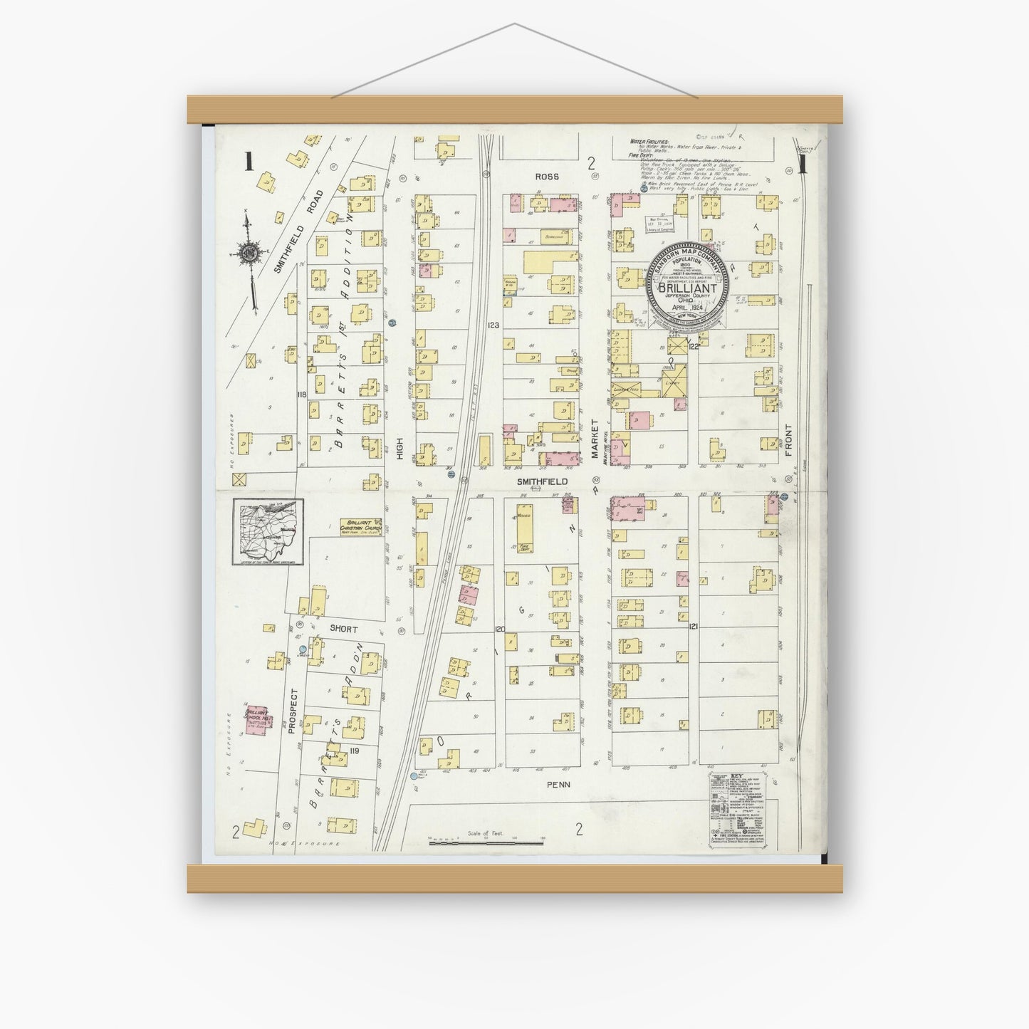 Old map wall art mockup — magnetic wood frame on white wall — Sanborn Fire Insurance Map from Brilliant, Jefferson County, Ohio (1924), Sheet #0001