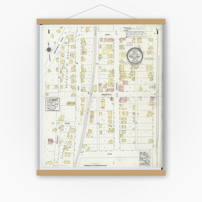 Old map wall art mockup — magnetic wood frame on white wall — Sanborn Fire Insurance Map from Brilliant, Jefferson County, Ohio (1924), Sheet #0001