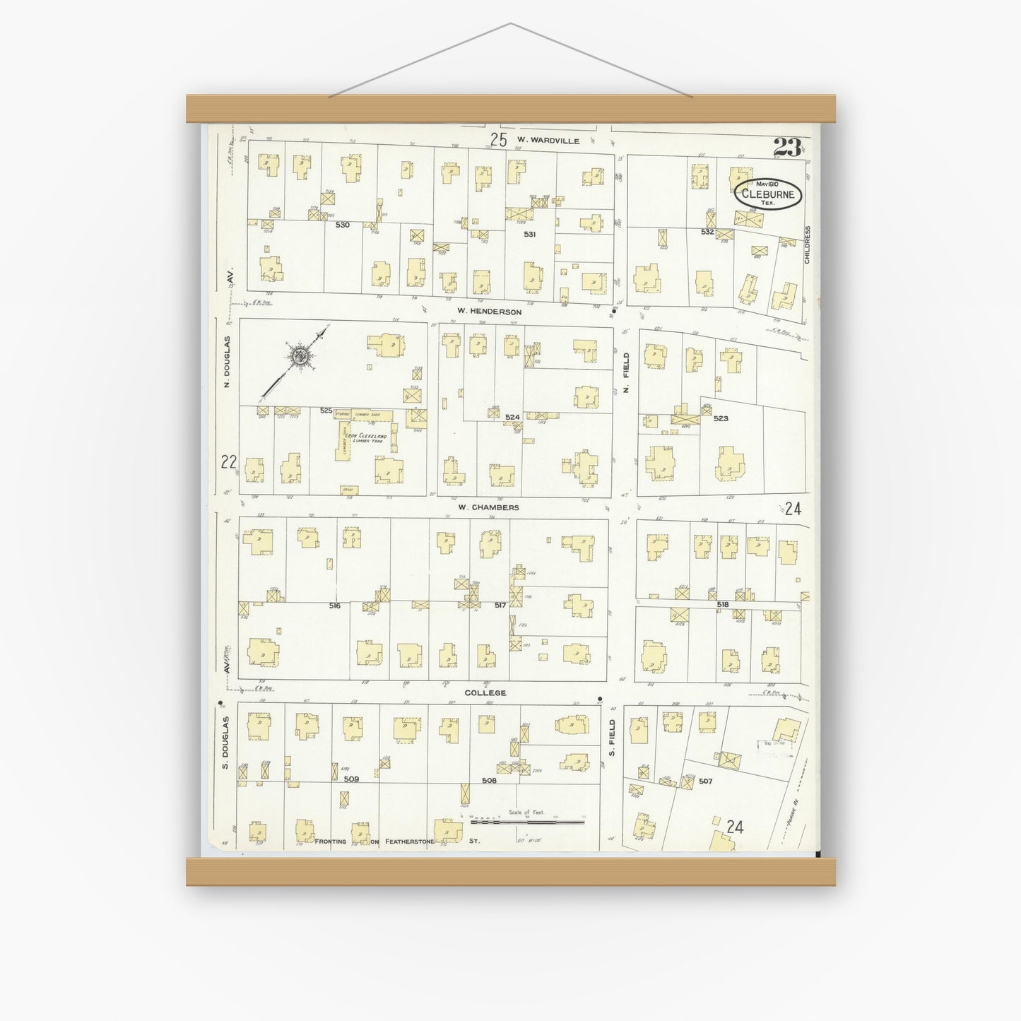 Old map wall art mockup — magnetic wood frame on white wall — Sanborn Fire Insurance Map from Cleburne, Johnson County, Texas (1910), Sheet #0023