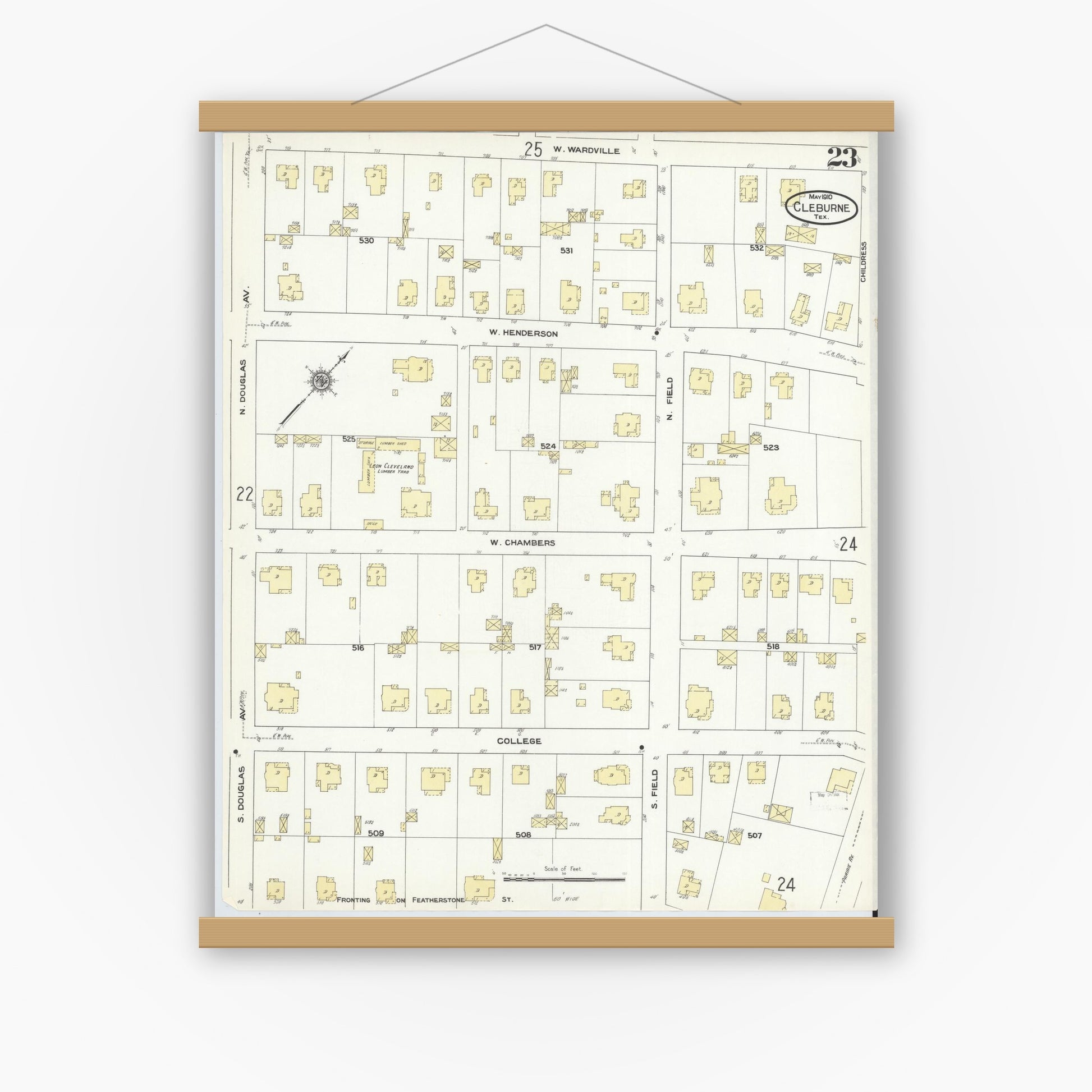 Old map wall art mockup — magnetic wood frame on white wall — Sanborn Fire Insurance Map from Cleburne, Johnson County, Texas (1910), Sheet #0023