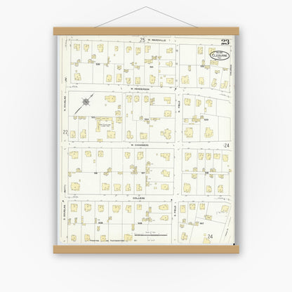 Old map wall art mockup — magnetic wood frame on white wall — Sanborn Fire Insurance Map from Cleburne, Johnson County, Texas (1910), Sheet #0023