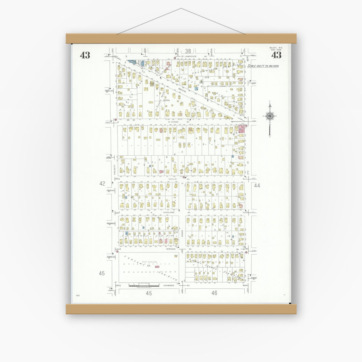 Old map wall art mockup — magnetic wood frame on white wall — Sanborn Fire Insurance Map from Beloit, Rock County, Wisconsin (1939), Sheet #0043