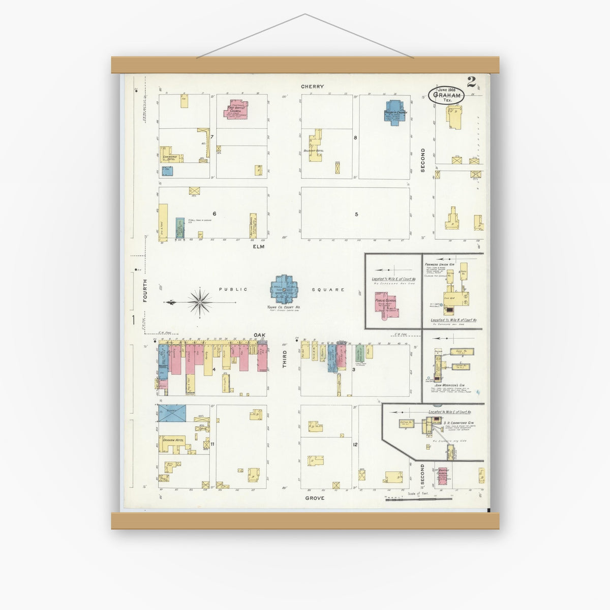 Old map wall art mockup — magnetic wood frame on white wall — Sanborn Fire Insurance Map from Graham, Young County, Texas (1908), Sheet #0002