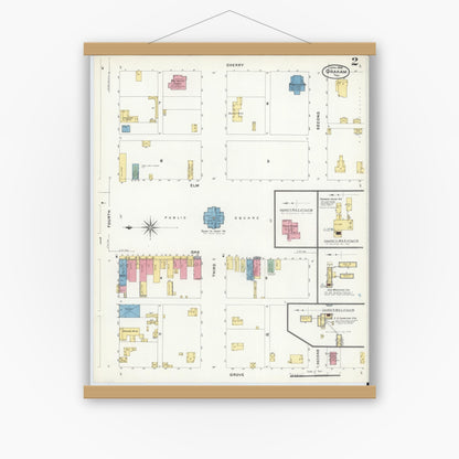 Old map wall art mockup — magnetic wood frame on white wall — Sanborn Fire Insurance Map from Graham, Young County, Texas (1908), Sheet #0002