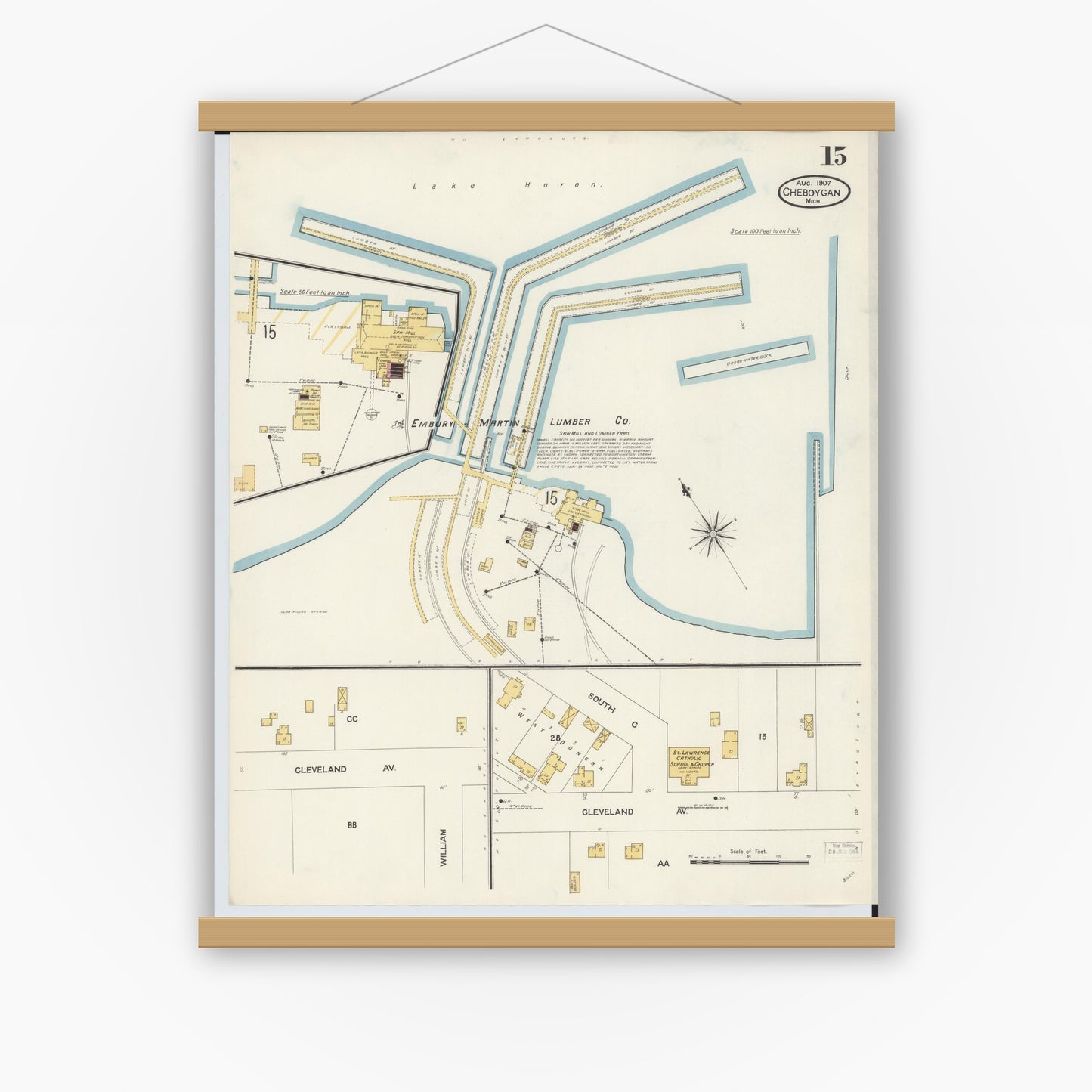 Old map wall art mockup — magnetic wood frame on white wall — Sanborn Fire Insurance Map from Cheboygan, Cheboygan County, Michigan (1907), Sheet #0015
