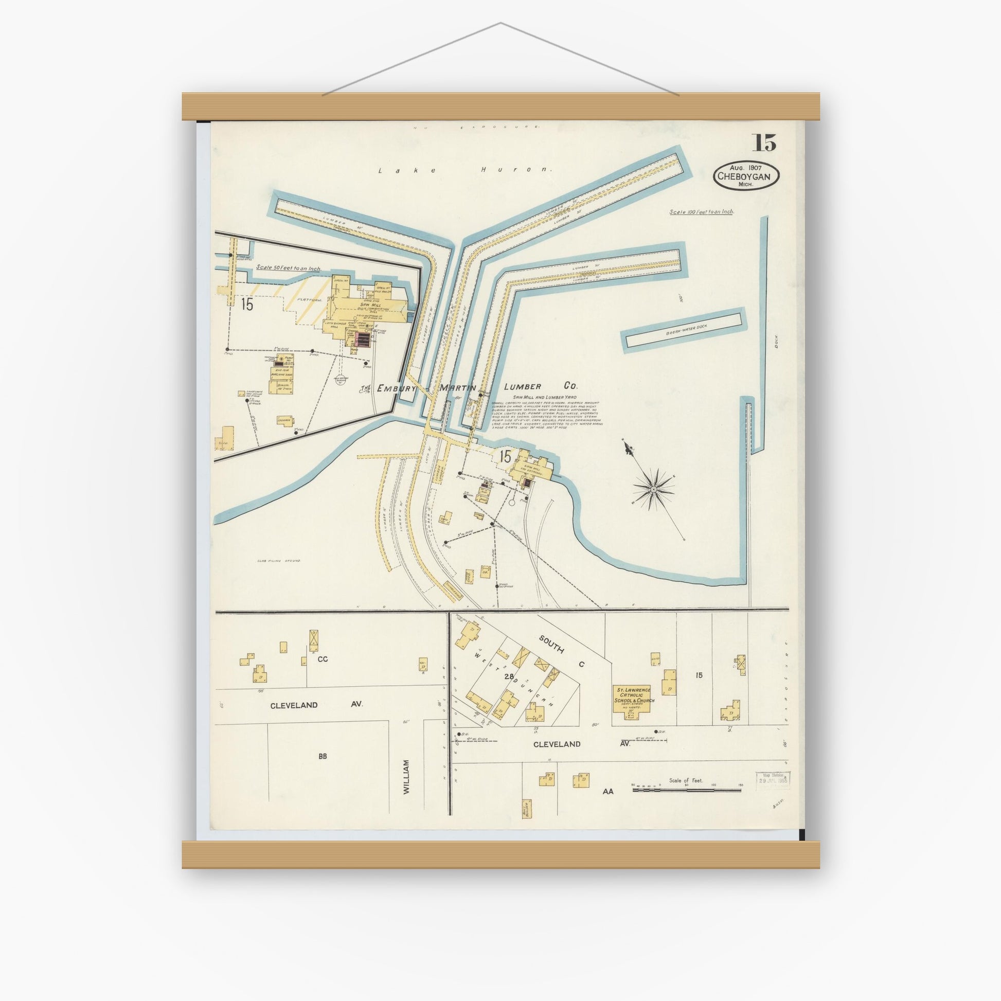 Old map wall art mockup — magnetic wood frame on white wall — Sanborn Fire Insurance Map from Cheboygan, Cheboygan County, Michigan (1907), Sheet #0015