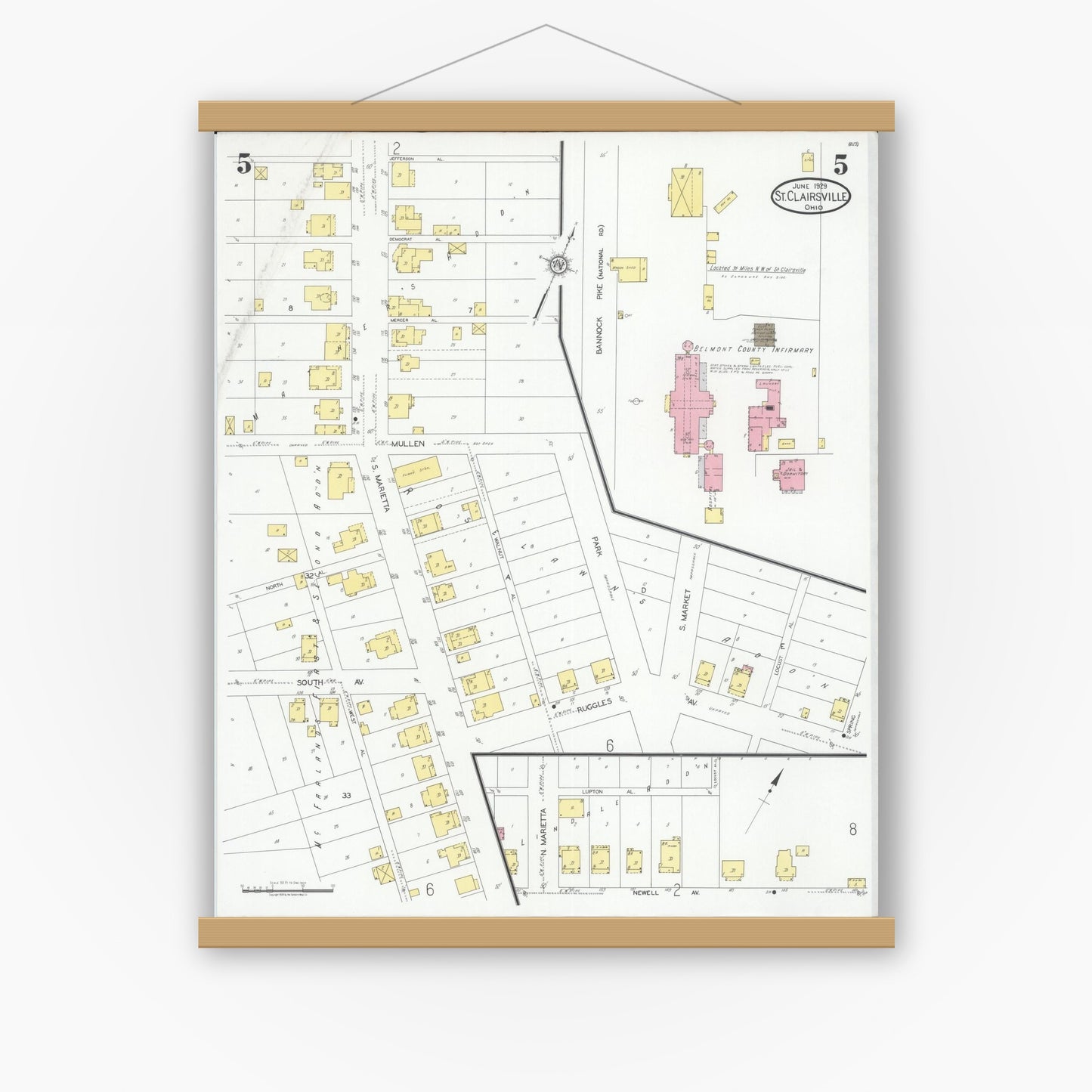 Old map wall art mockup — magnetic wood frame on white wall — Sanborn Fire Insurance Map from Saint Clairsville, Belmont County, Ohio (1929), Sheet #0005