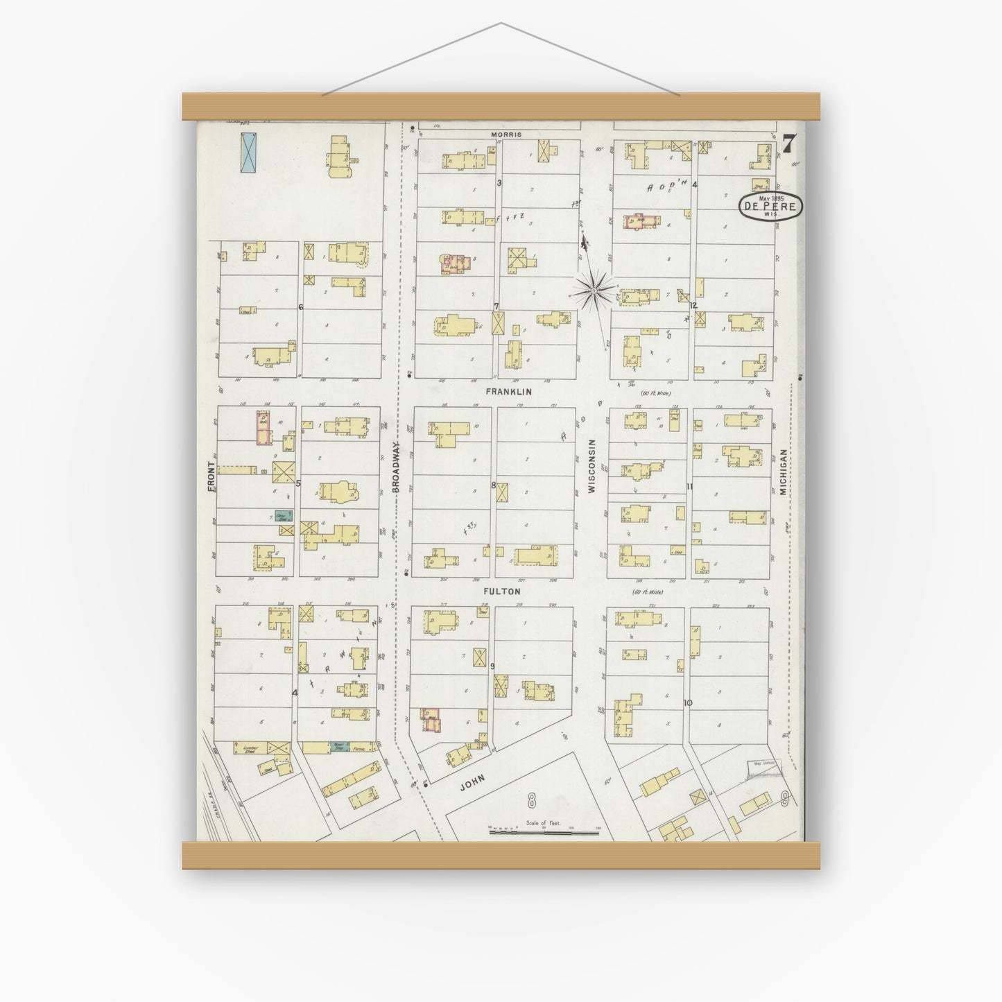 Old map wall art mockup — magnetic wood frame on white wall — Sanborn Fire Insurance Map from De Pere, Brown County, Wisconsin (1895), Sheet #0007