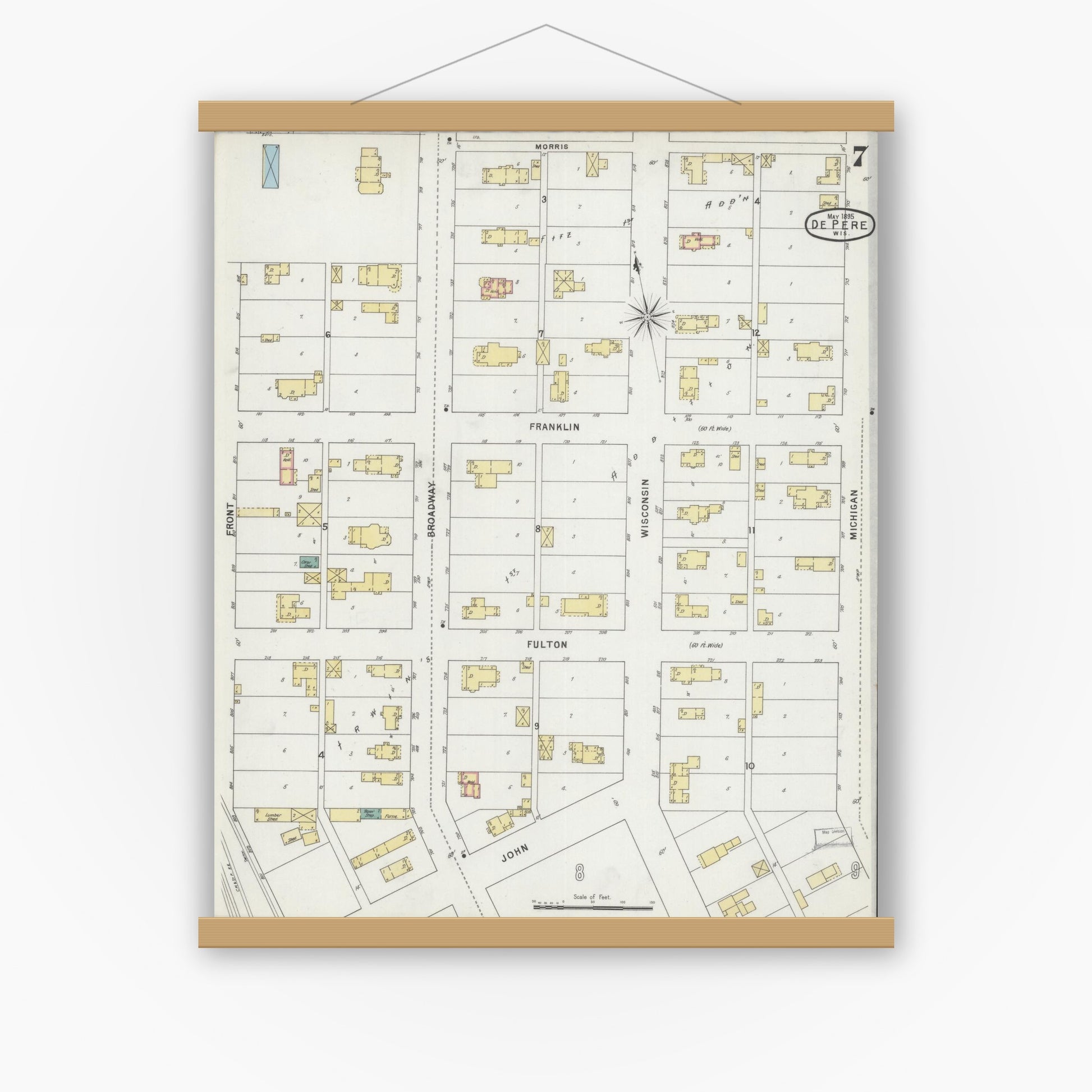 Old map wall art mockup — magnetic wood frame on white wall — Sanborn Fire Insurance Map from De Pere, Brown County, Wisconsin (1895), Sheet #0007