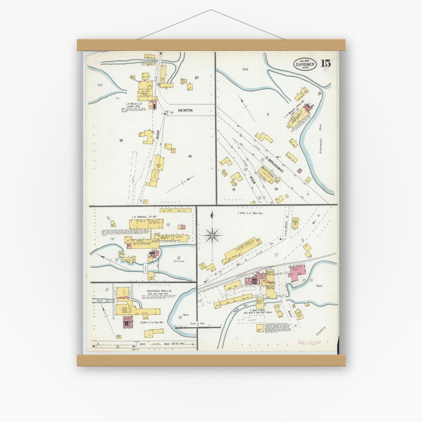 Old map wall art mockup — magnetic wood frame on white wall — Sanborn Fire Insurance Map from Gardner, Worcester County, Massachusetts (1900), Sheet #0015