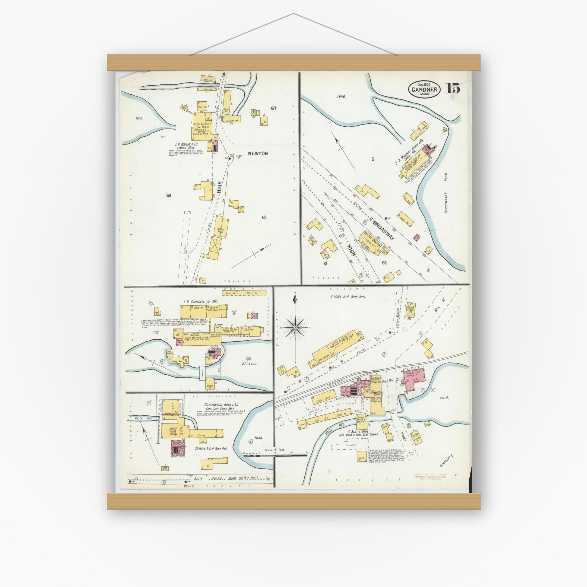 Old map wall art mockup — magnetic wood frame on white wall — Sanborn Fire Insurance Map from Gardner, Worcester County, Massachusetts (1900), Sheet #0015