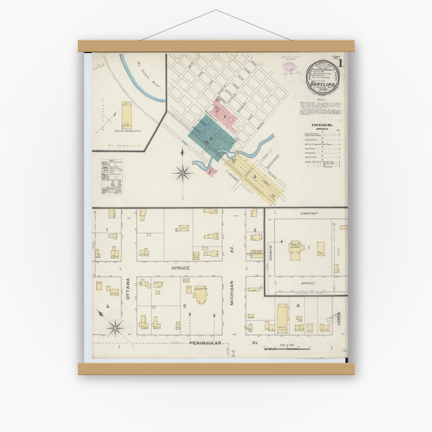 Old map wall art mockup — magnetic wood frame on white wall — Sanborn Fire Insurance Map from Grayling, Crawford County, Michigan (1893) - Complete Map Set