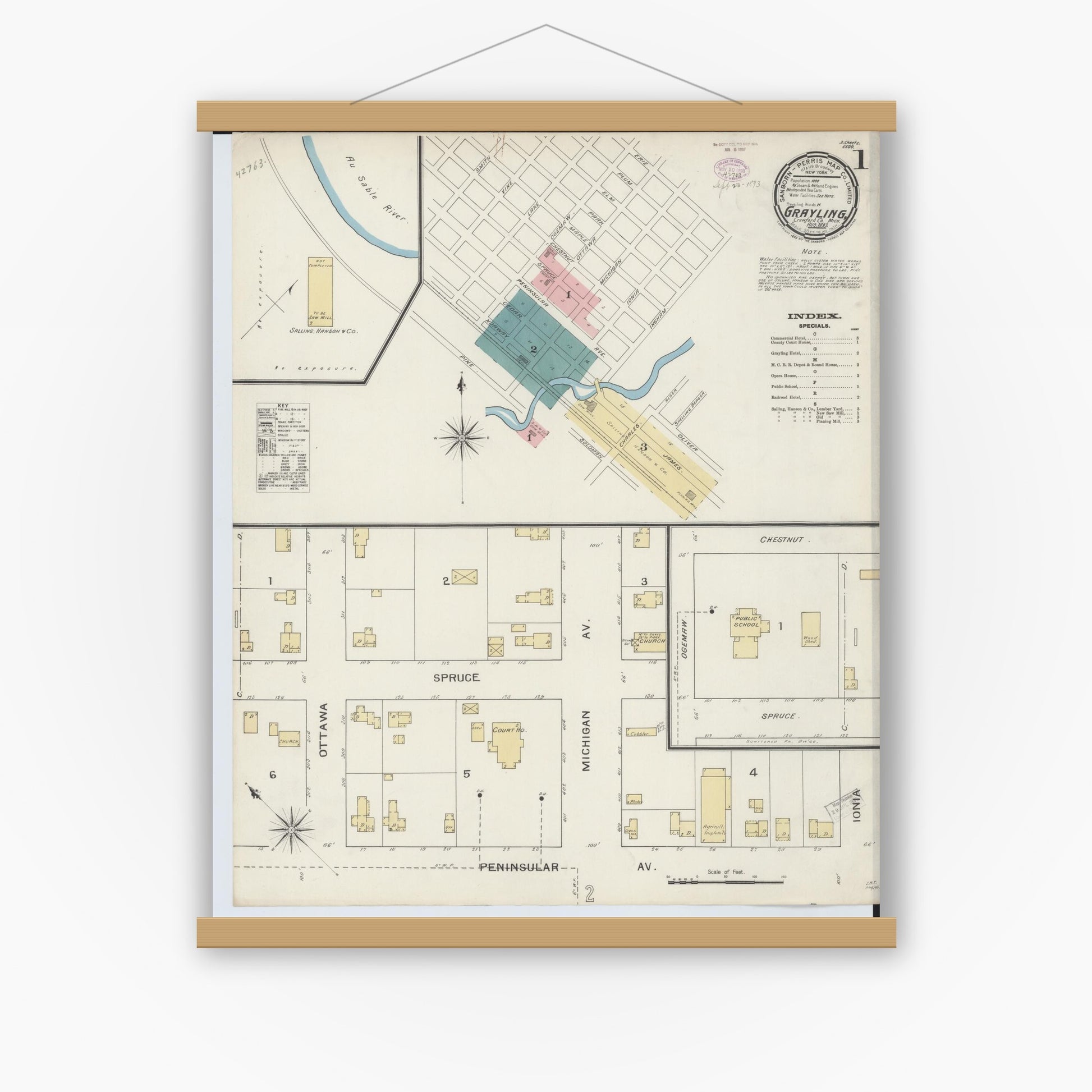 Old map wall art mockup — magnetic wood frame on white wall — Sanborn Fire Insurance Map from Grayling, Crawford County, Michigan (1893) - Complete Map Set