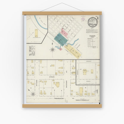 Old map wall art mockup — magnetic wood frame on white wall — Sanborn Fire Insurance Map from Grayling, Crawford County, Michigan (1893) - Complete Map Set