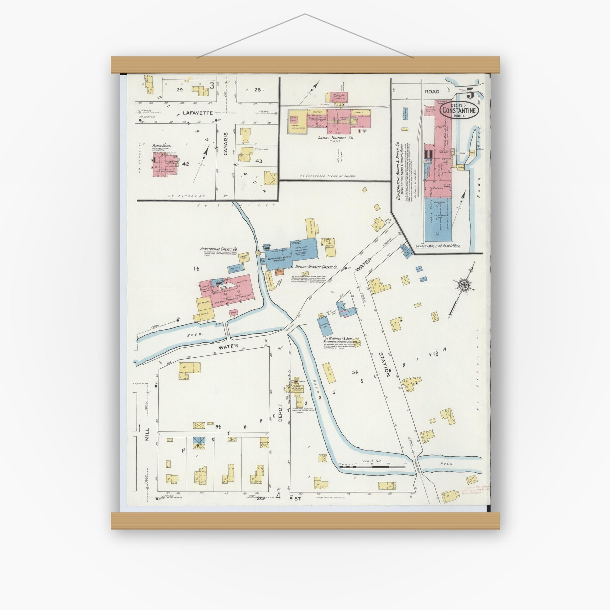 Old map wall art mockup — magnetic wood frame on white wall — Sanborn Fire Insurance Map from Constantine, Saint Joseph County, Michigan (1916), Sheet #0005