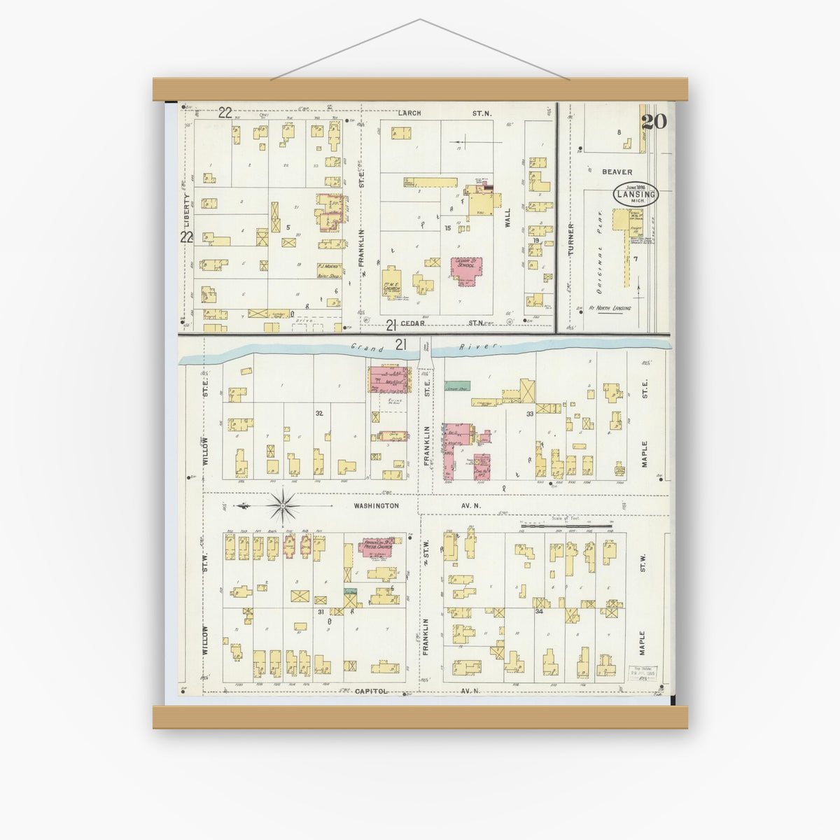 Old map wall art mockup — magnetic wood frame on white wall — Sanborn Fire Insurance Map from Lansing, Ingham County, Michigan (1898), Sheet #0020