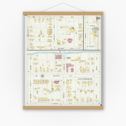 Old map wall art mockup — magnetic wood frame on white wall — Sanborn Fire Insurance Map from Lansing, Ingham County, Michigan (1898), Sheet #0020