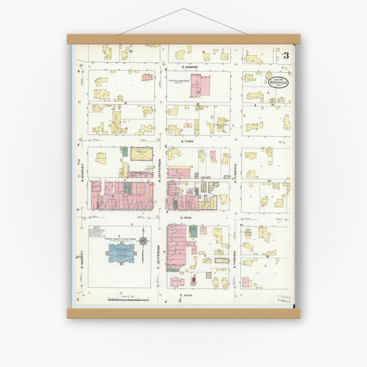 Old map wall art mockup — magnetic wood frame on white wall — Sanborn Fire Insurance Map from Rockville, Parke County, Indiana (1910), Sheet #0003