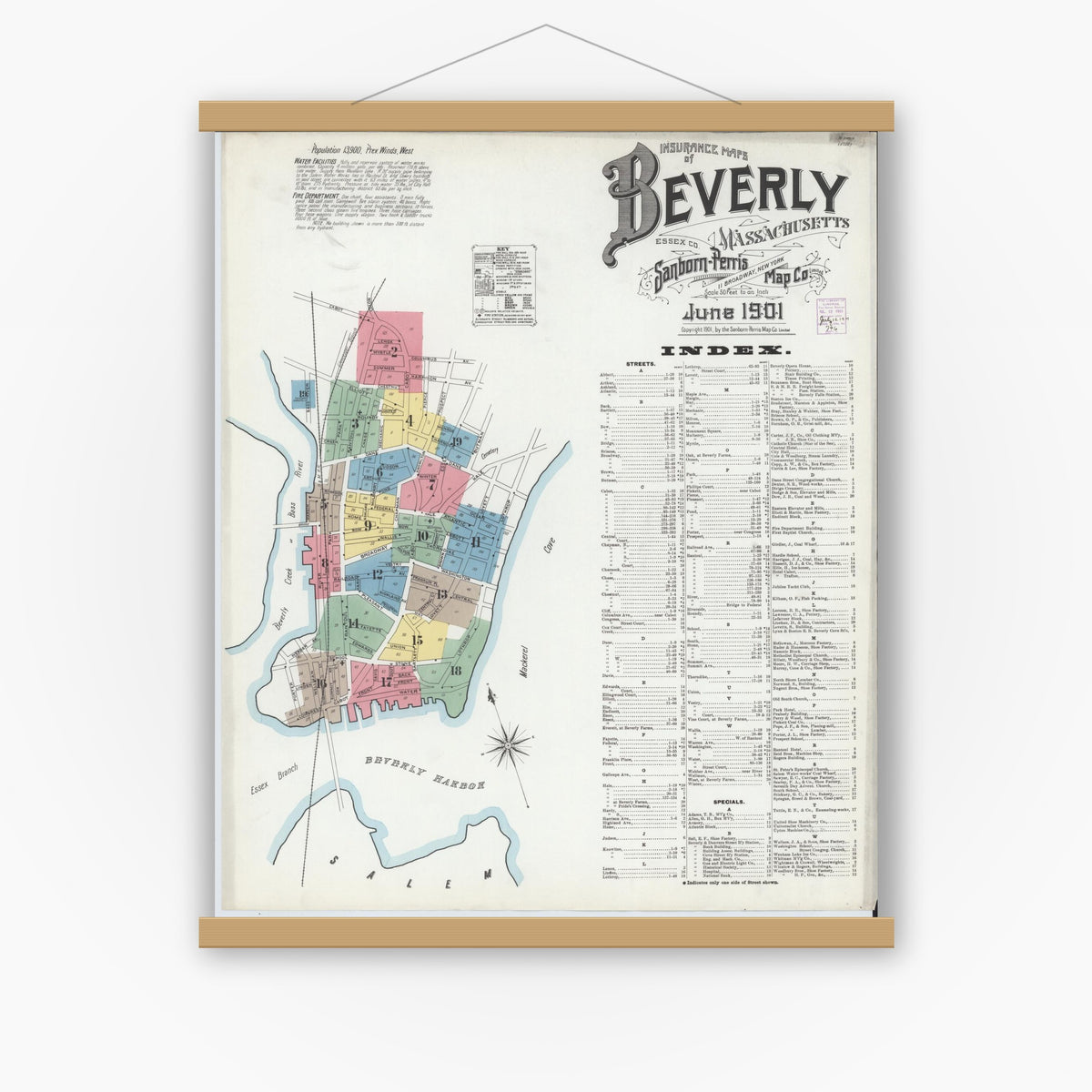 Old map wall art mockup — magnetic wood frame on white wall — Sanborn Fire Insurance Map from Beverly, Essex County, Massachusetts (1901) - Complete Map Set