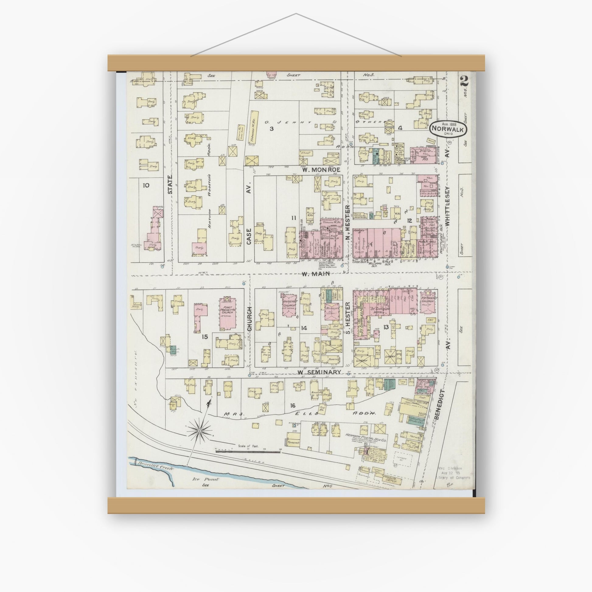 Old map wall art mockup — magnetic wood frame on white wall — Sanborn Fire Insurance Map from Norwalk, Huron County, Ohio (1888), Sheet #0002