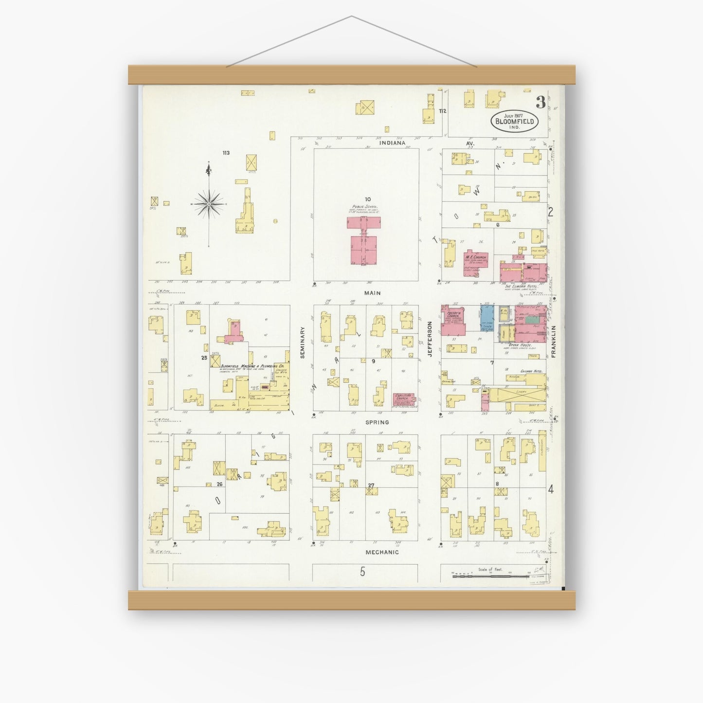 Old map wall art mockup — magnetic wood frame on white wall — Sanborn Fire Insurance Map from Bloomfield, Greene County, Indiana (1907), Sheet #0003