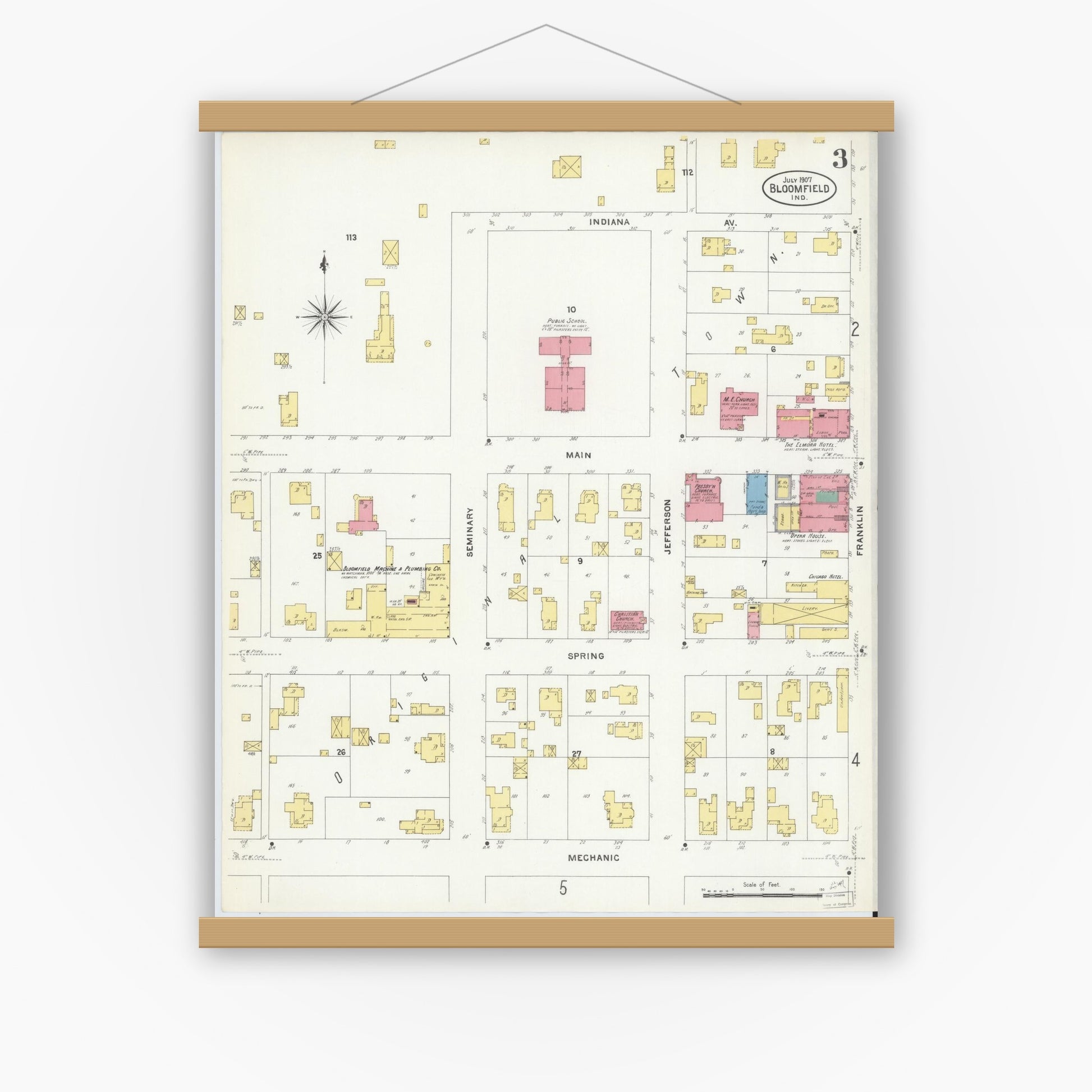 Old map wall art mockup — magnetic wood frame on white wall — Sanborn Fire Insurance Map from Bloomfield, Greene County, Indiana (1907), Sheet #0003