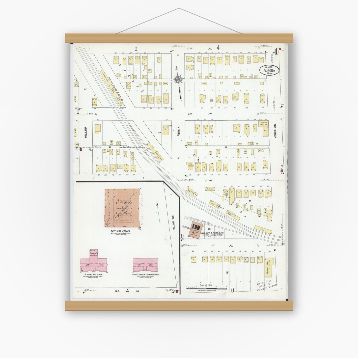 Old map wall art mockup — magnetic wood frame on white wall — Sanborn Fire Insurance Map from Aurora, Saint Louis County, Minnesota (1921), Sheet #0004
