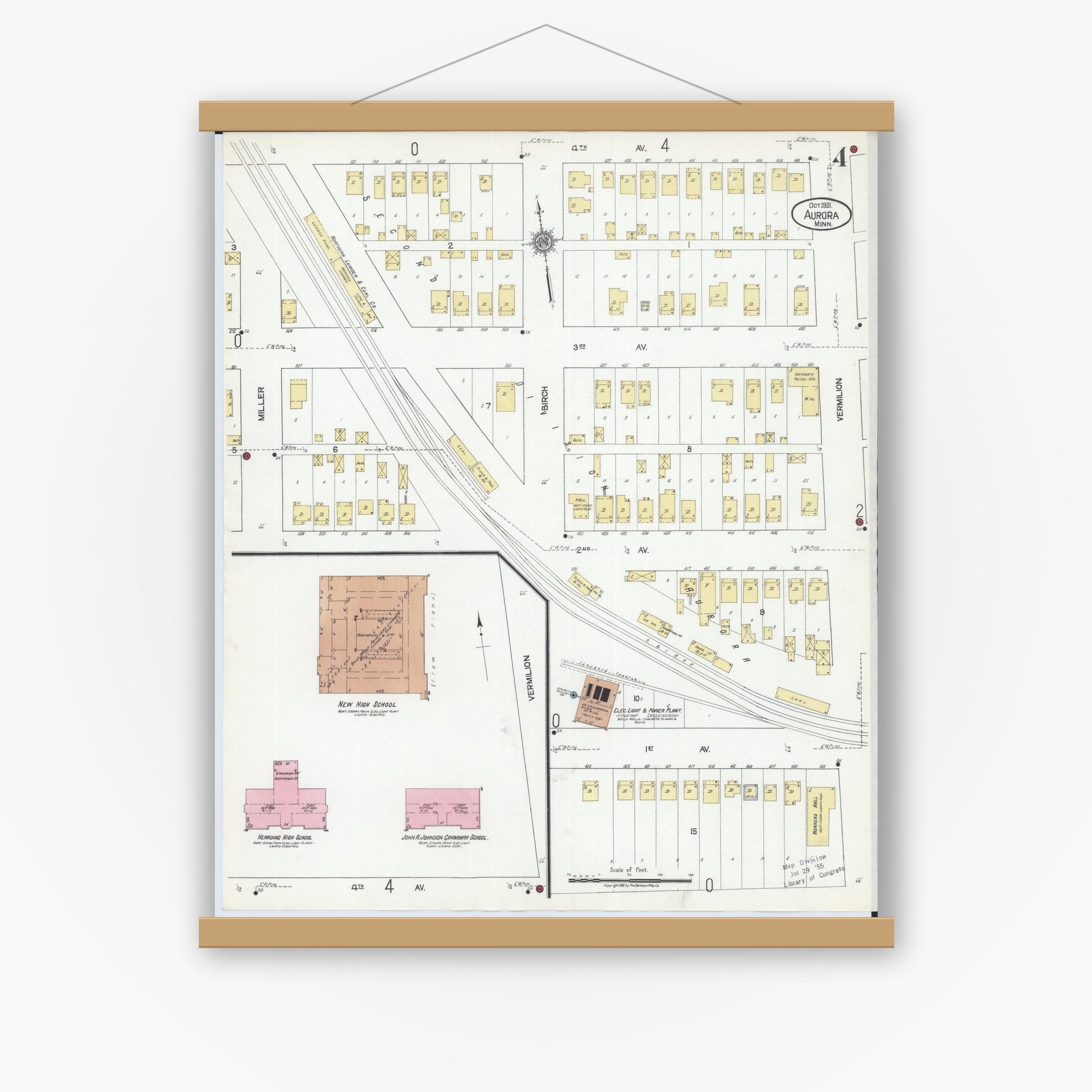 Old map wall art mockup — magnetic wood frame on white wall — Sanborn Fire Insurance Map from Aurora, Saint Louis County, Minnesota (1921), Sheet #0004