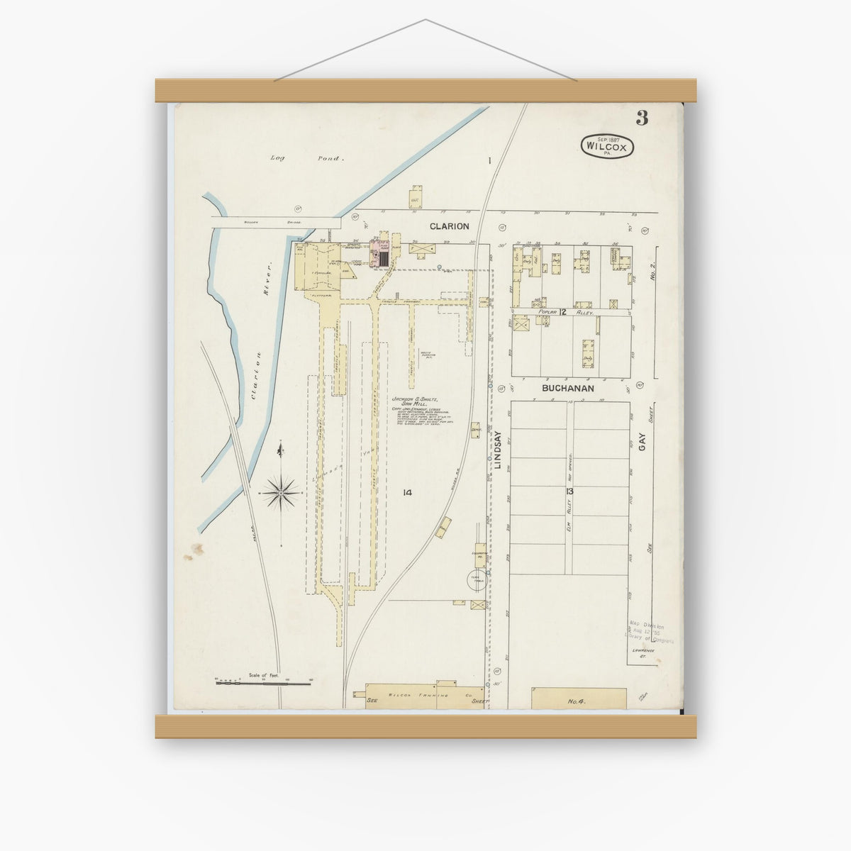 Old map wall art mockup — magnetic wood frame on white wall — Sanborn Fire Insurance Map from Wilcox, Elk County, Pennsylvania (1887), Sheet #0003