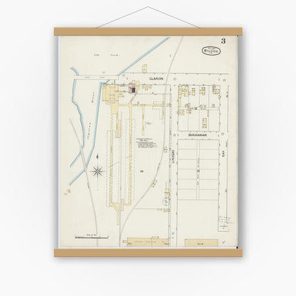 Old map wall art mockup — magnetic wood frame on white wall — Sanborn Fire Insurance Map from Wilcox, Elk County, Pennsylvania (1887), Sheet #0003