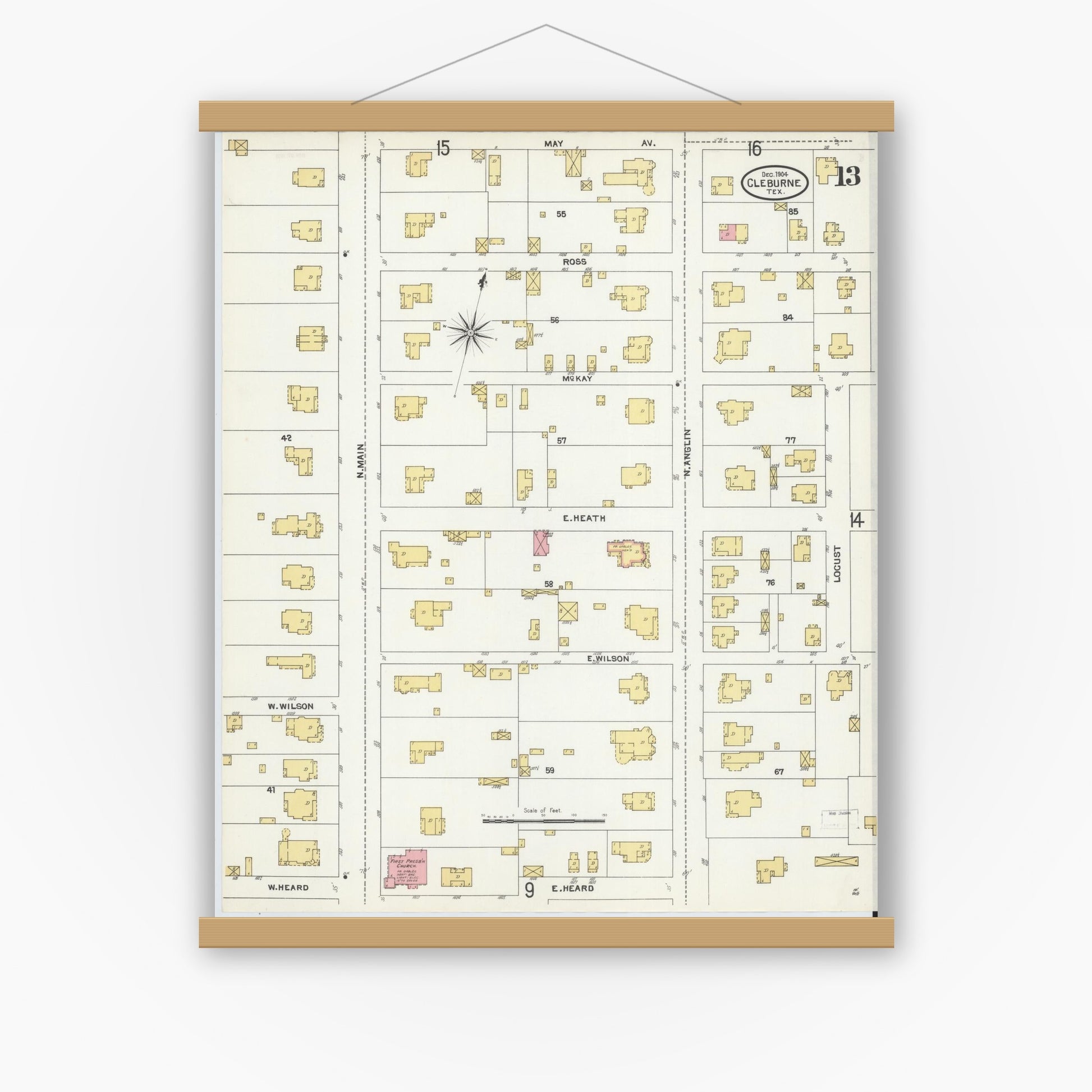 Old map wall art mockup — magnetic wood frame on white wall — Sanborn Fire Insurance Map from Cleburne, Johnson County, Texas (1904), Sheet #0013