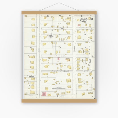 Old map wall art mockup — magnetic wood frame on white wall — Sanborn Fire Insurance Map from Cleburne, Johnson County, Texas (1904), Sheet #0013
