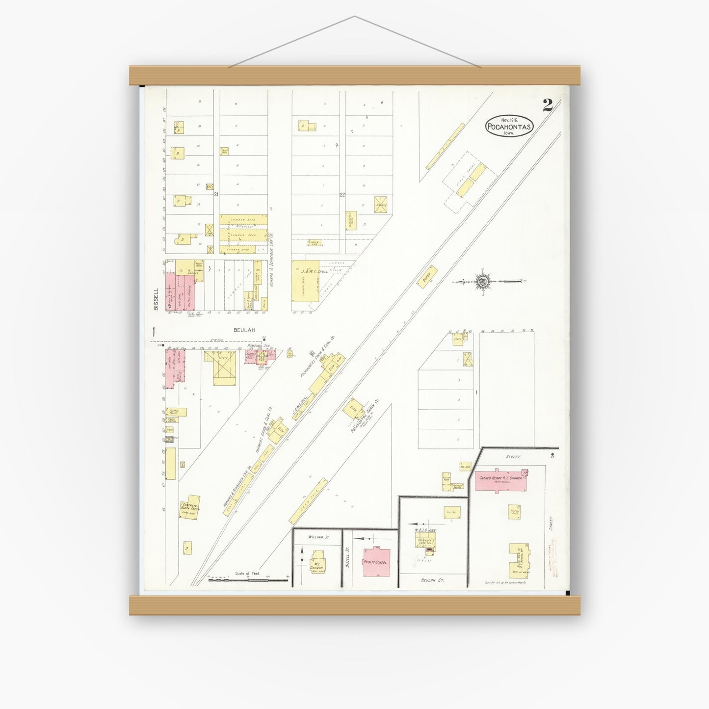 Old map wall art mockup — magnetic wood frame on white wall — Sanborn Fire Insurance Map from Pocahontas, Pocahontas County, Iowa (1916), Sheet #0002