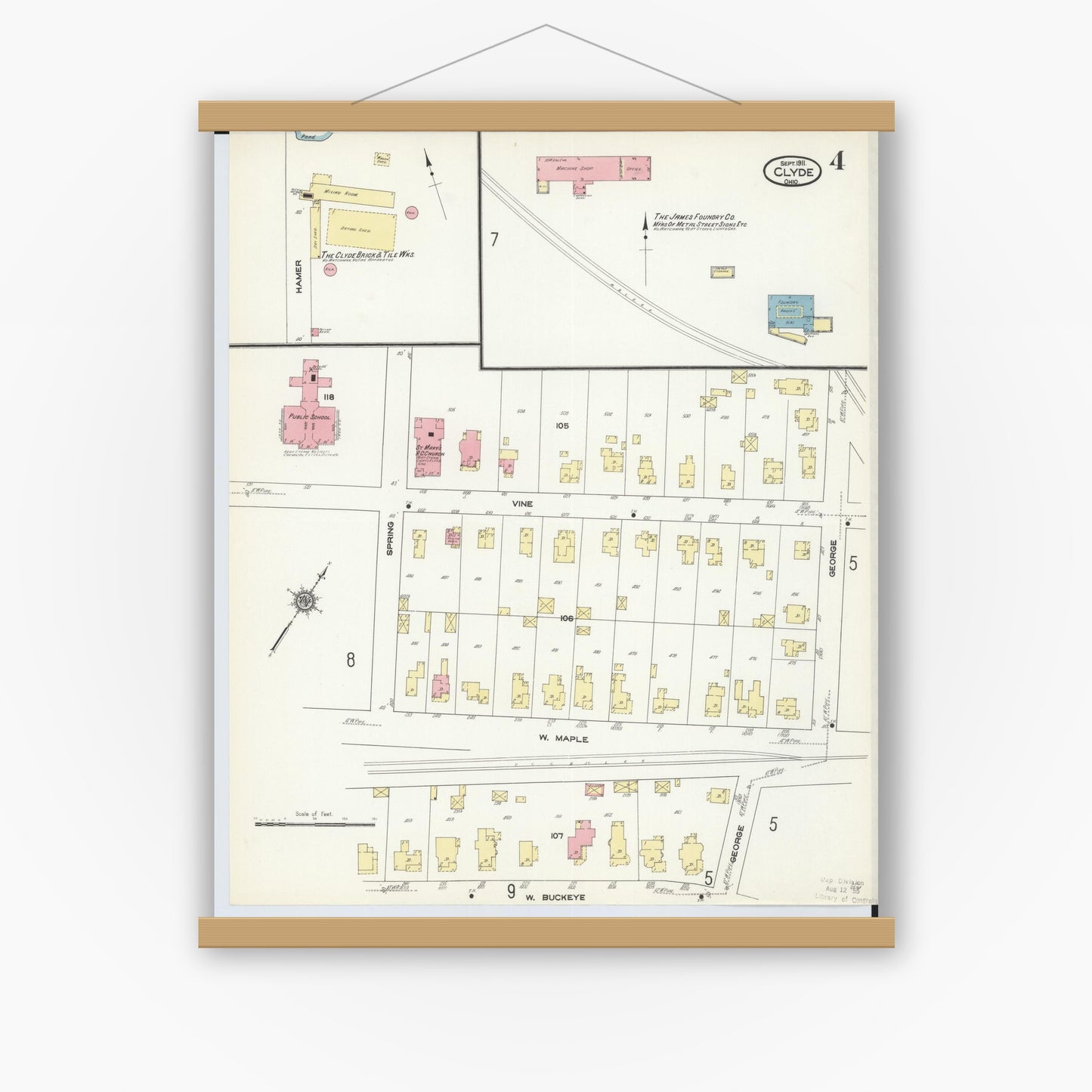 Old map wall art mockup — magnetic wood frame on white wall — Sanborn Fire Insurance Map from Clyde, Sandusky County, Ohio (1911), Sheet #0004