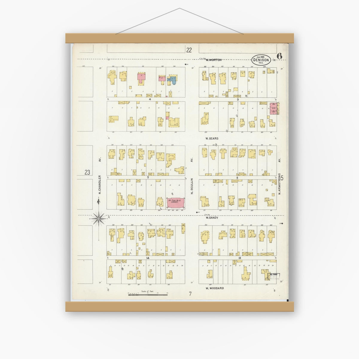 Old map wall art mockup — magnetic wood frame on white wall — Sanborn Fire Insurance Map from Denison, Grayson County, Texas (1903), Sheet #0006
