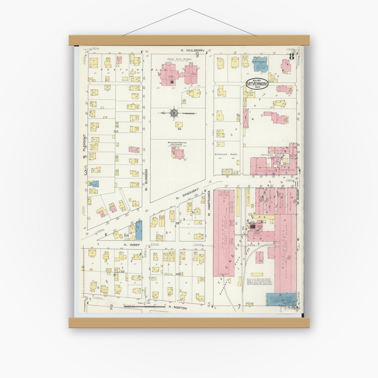 Old map wall art mockup — magnetic wood frame on white wall — Sanborn Fire Insurance Map from Mount Vernon, Knox County, Ohio (1913), Sheet #0008