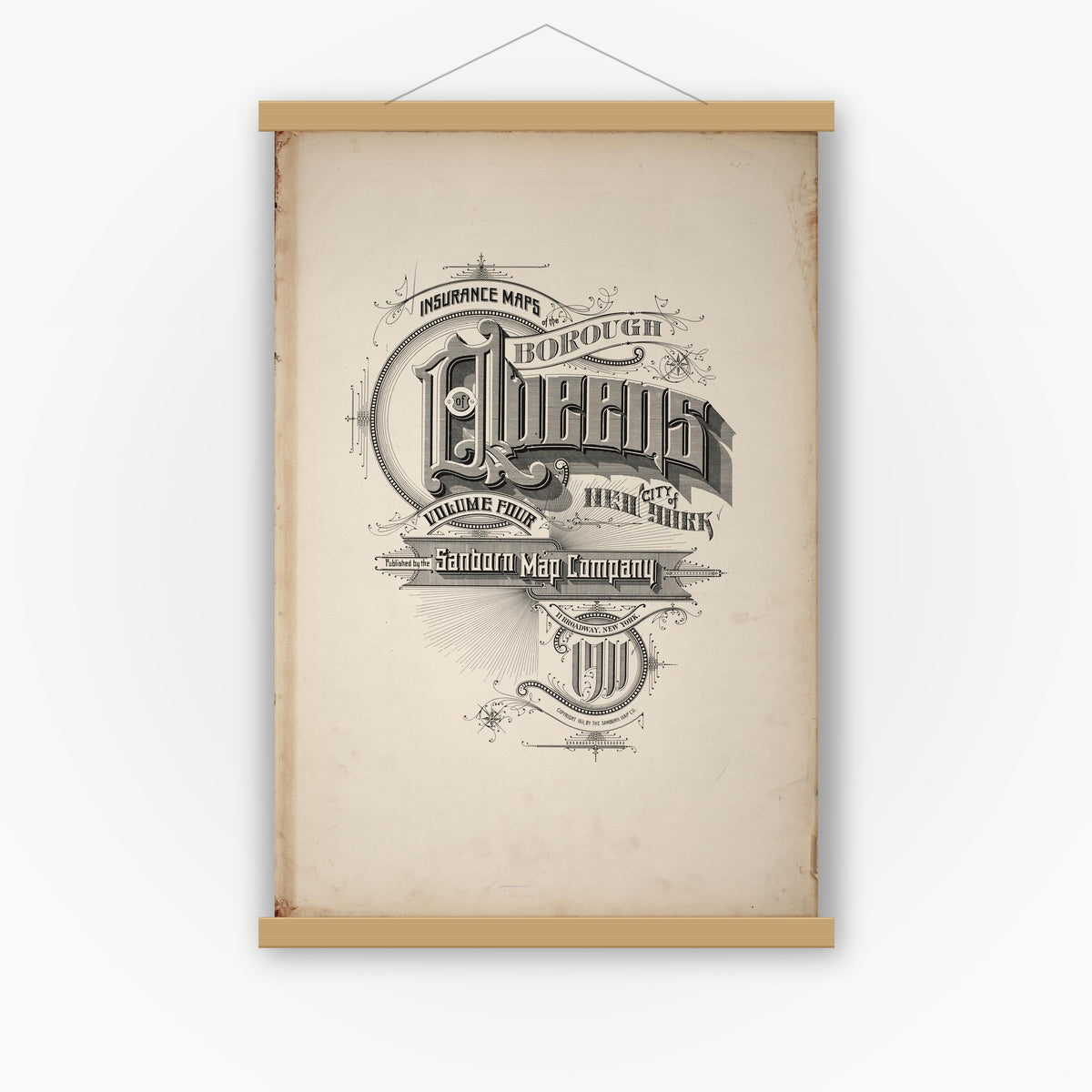 Old map wall art mockup — magnetic wood frame on white wall — Sanborn Fire Insurance Map from Queens, Queens County, New York (1911), Sheet #0001