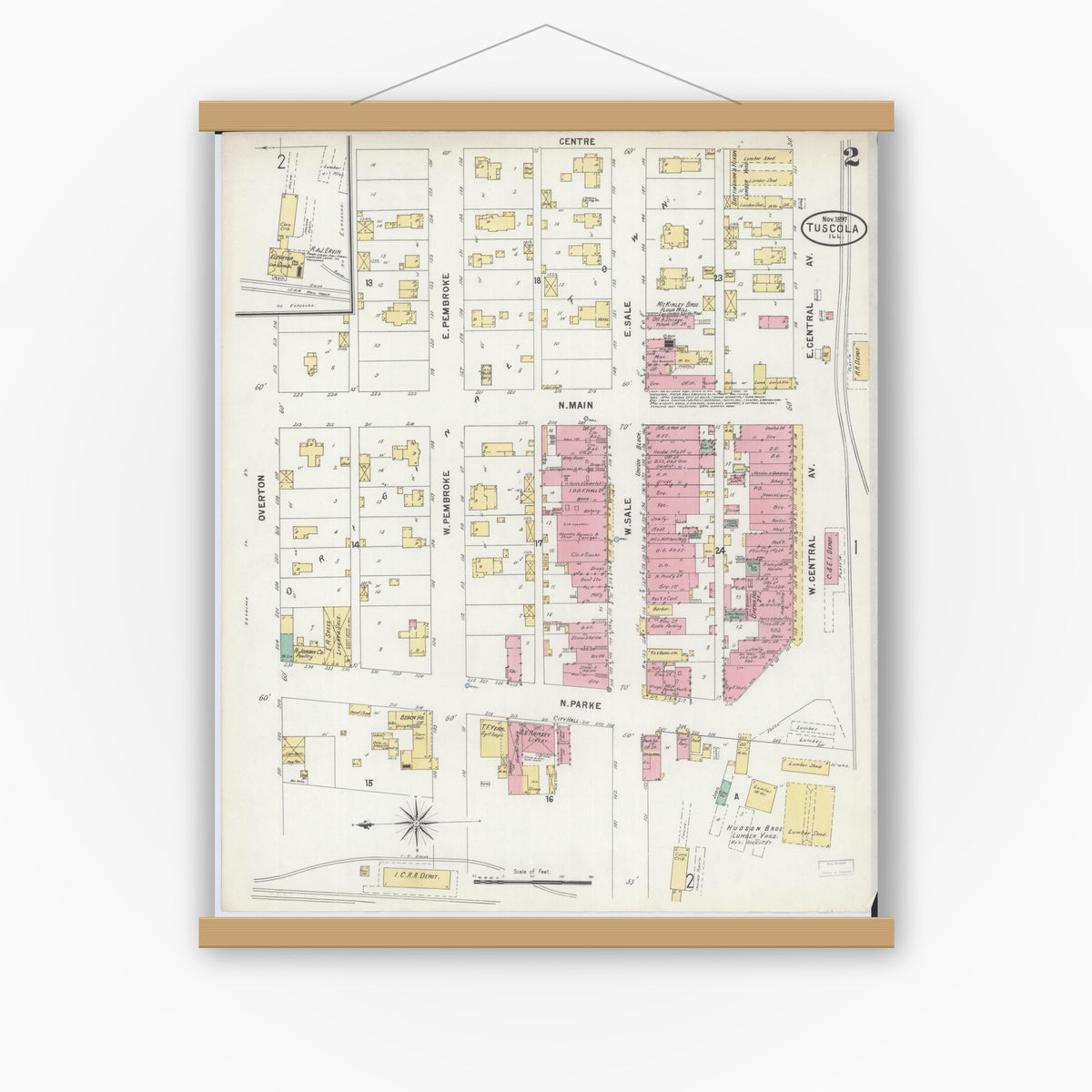 Old map wall art mockup — magnetic wood frame on white wall — Sanborn Fire Insurance Map from Tuscola, Douglas County, Illinois (1897), Sheet #0002