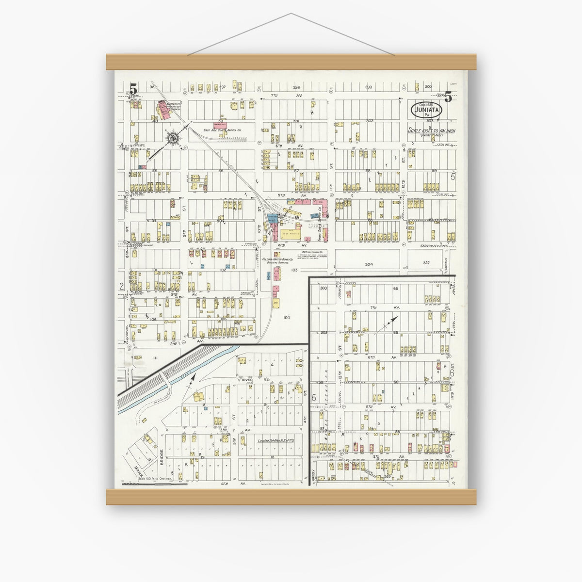 Old map wall art mockup — magnetic wood frame on white wall — Sanborn Fire Insurance Map from Juniata, Blair County, Pennsylvania (1925), Sheet #0005