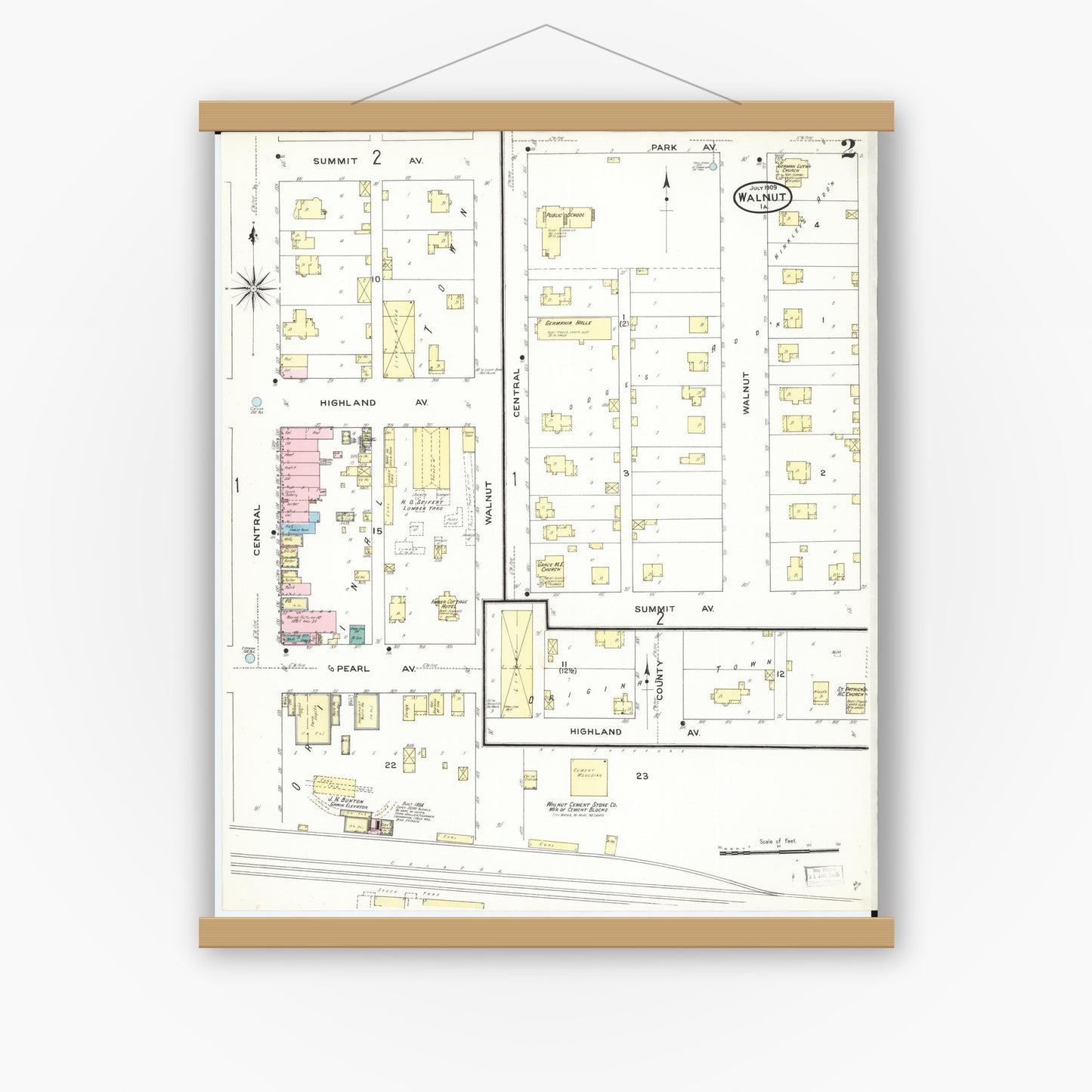 Old map wall art mockup — magnetic wood frame on white wall — Sanborn Fire Insurance Map from Walnut, Pottawattamie County, Iowa (1909), Sheet #0002