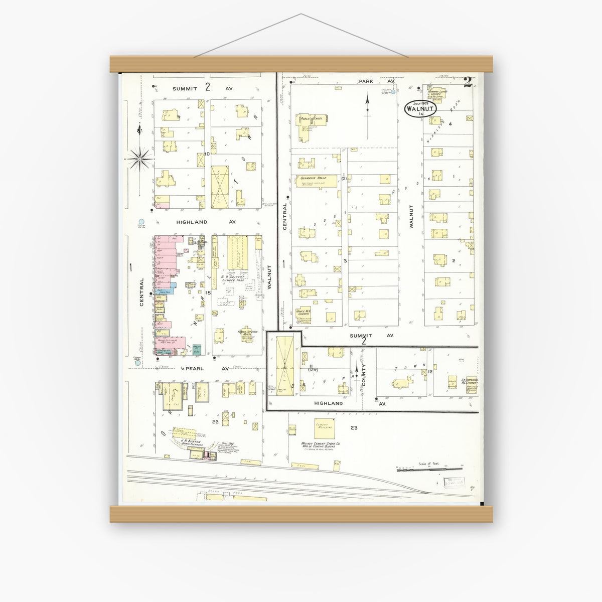 Old map wall art mockup — magnetic wood frame on white wall — Sanborn Fire Insurance Map from Walnut, Pottawattamie County, Iowa (1909), Sheet #0002