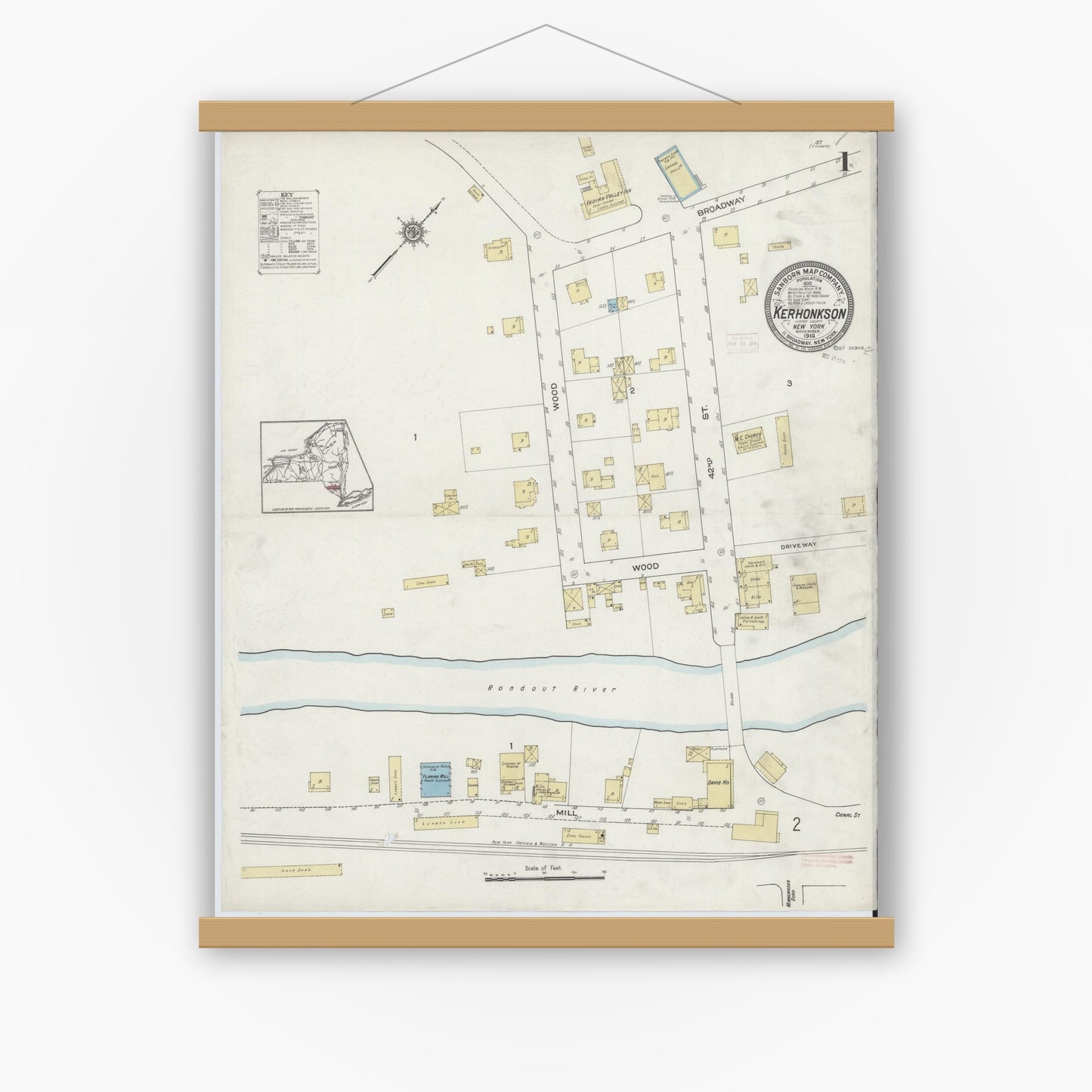 Old map wall art mockup — magnetic wood frame on white wall — Sanborn Fire Insurance Map from Kerhonkson, Ulster County, New York (1914) - Complete Map Set