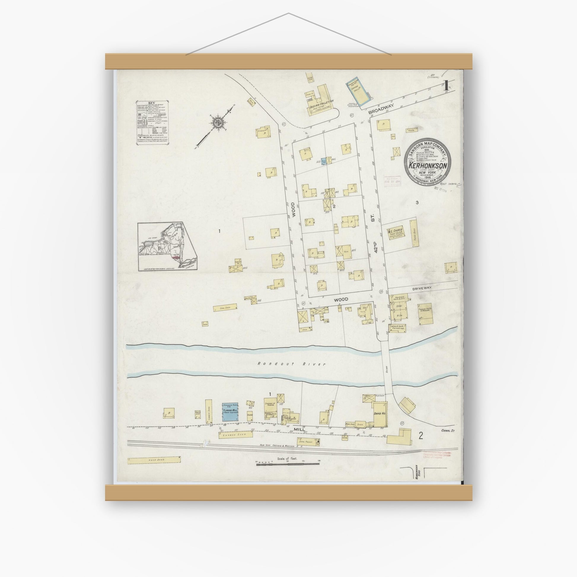 Old map wall art mockup — magnetic wood frame on white wall — Sanborn Fire Insurance Map from Kerhonkson, Ulster County, New York (1914) - Complete Map Set