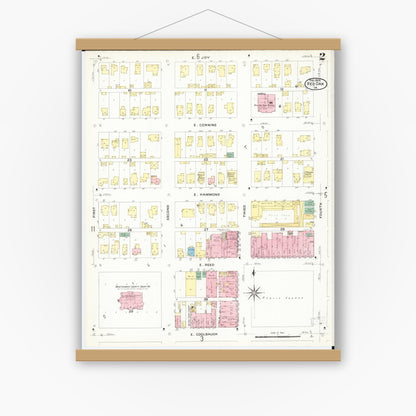 Old map wall art mockup — magnetic wood frame on white wall — Sanborn Fire Insurance Map from Red Oak, Montgomery County, Iowa (1908), Sheet #0002