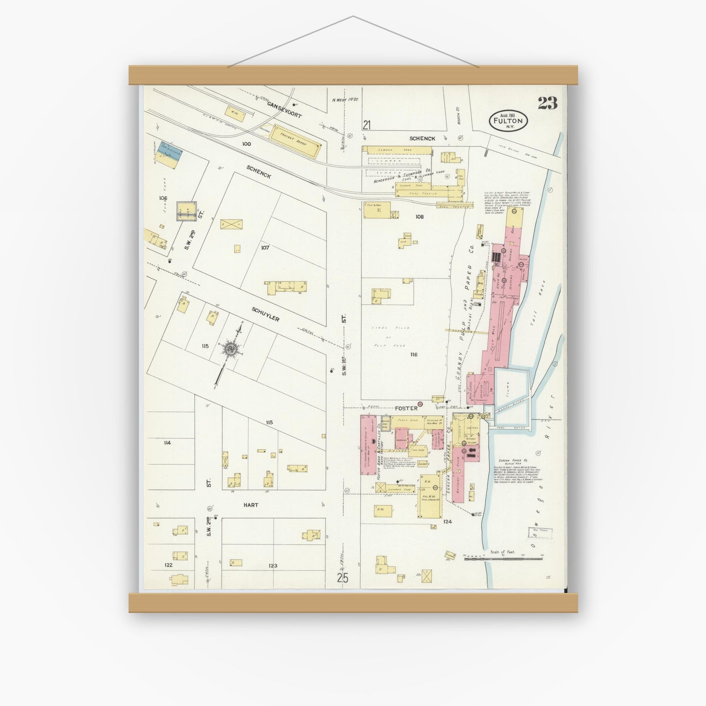 Old map wall art mockup — magnetic wood frame on white wall — Sanborn Fire Insurance Map from Fulton, Oswego County, New York (1911), Sheet #0023