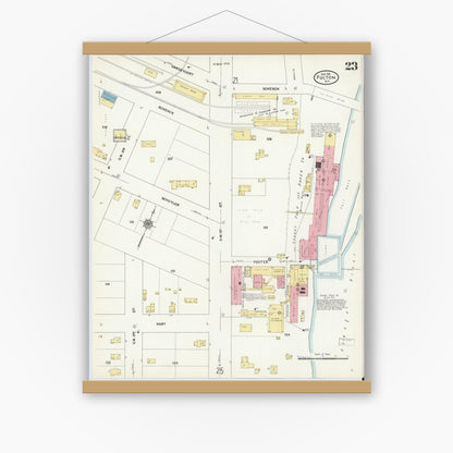 Old map wall art mockup — magnetic wood frame on white wall — Sanborn Fire Insurance Map from Fulton, Oswego County, New York (1911), Sheet #0023