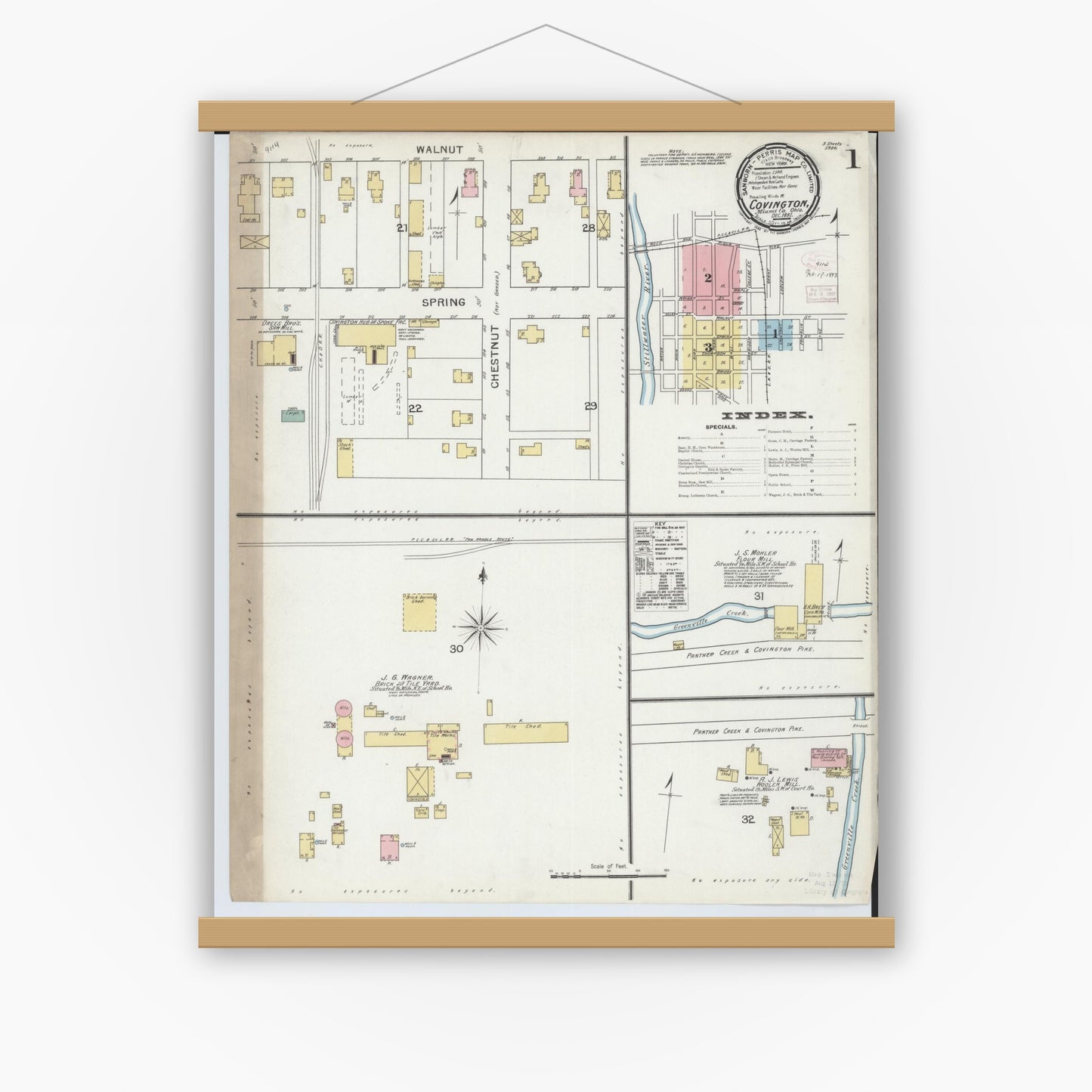 Old map wall art mockup — magnetic wood frame on white wall — Sanborn Fire Insurance Map from Covington, Miami County, Ohio (1892) - Complete Map Set