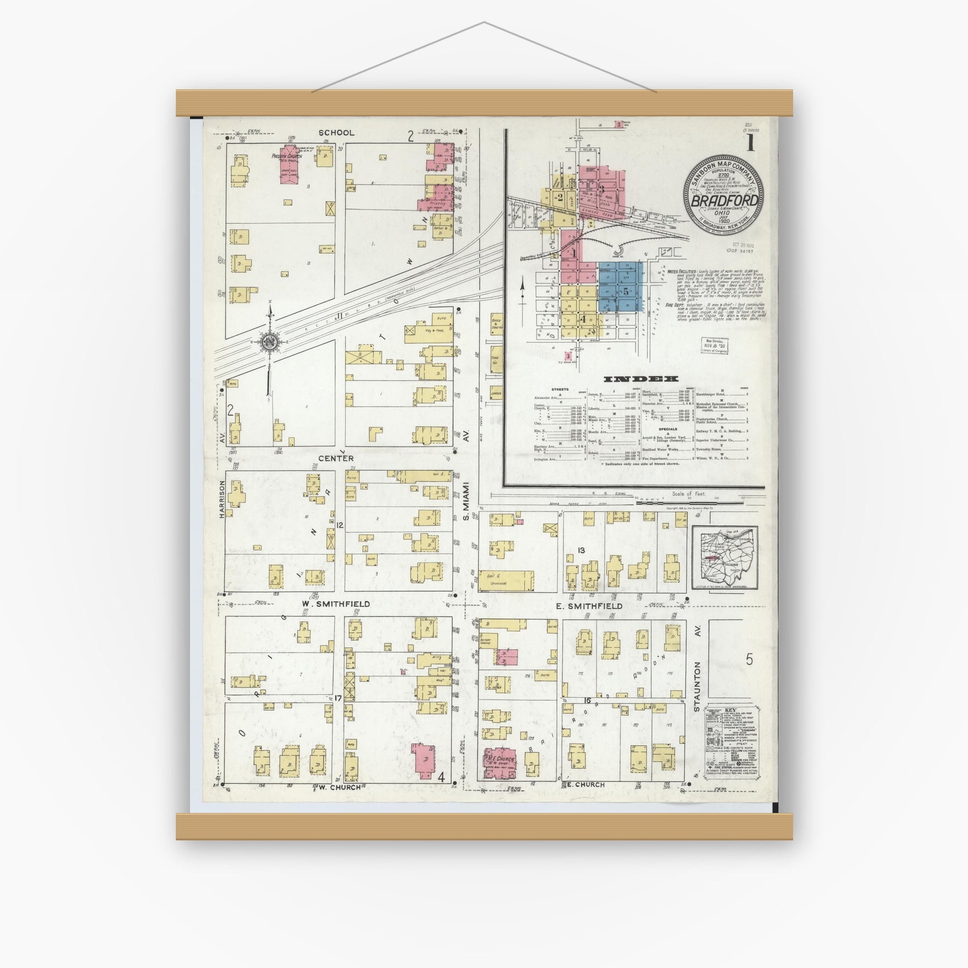 Old map wall art mockup — magnetic wood frame on white wall — Sanborn Fire Insurance Map from Bradford, Darke and Miami Counties, Ohio (1920) - Complete Map Set
